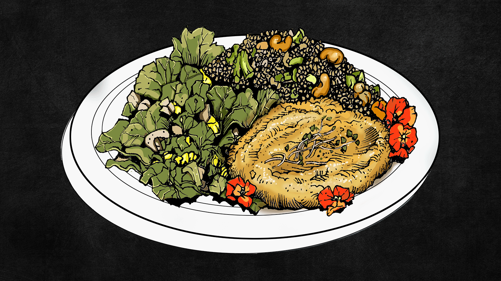 A drawing of Broccoli Quinoa Salad on a blackboard background.